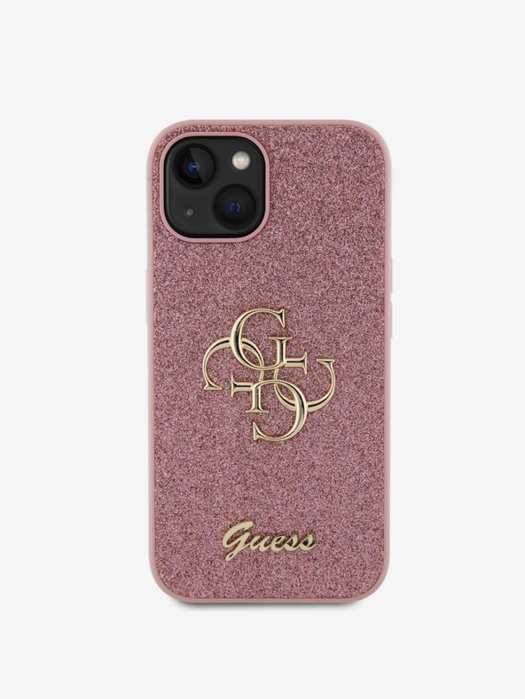 Guess PU Fixed Glitter 4G Metal Logo Zadní Kryt pro iPhone 15 Pink Obal na telefón