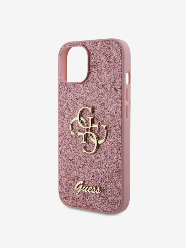 Guess PU Fixed Glitter 4G Metal Logo Zadní Kryt pro iPhone 15 Pink Obal na telefón