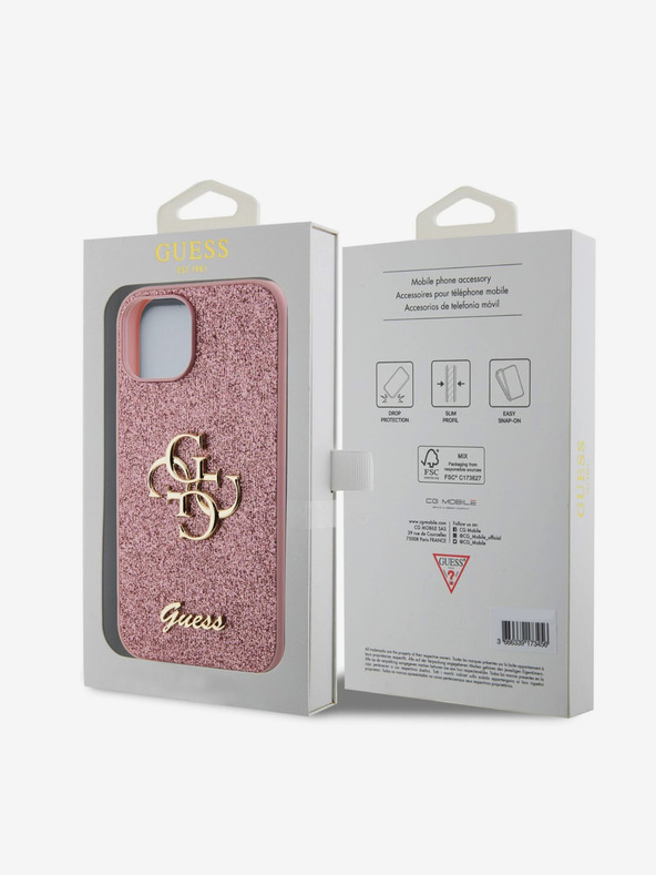 Guess PU Fixed Glitter 4G Metal Logo Zadní Kryt pro iPhone 15 Pink Obal na telefón
