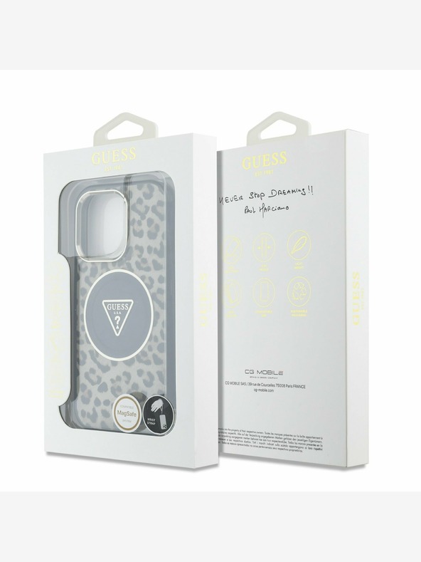 Guess Guess IML Leopard Triangle Logo Strap MagSafe zadný kryt pre iPhone 16 Pro Max Brown