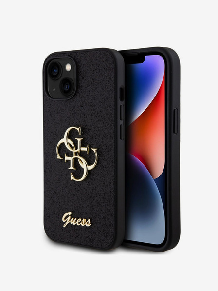 Guess Guess PU pevný zadný kryt 4G s kovovým logom s trblietkami pre iPhone 13 čierny