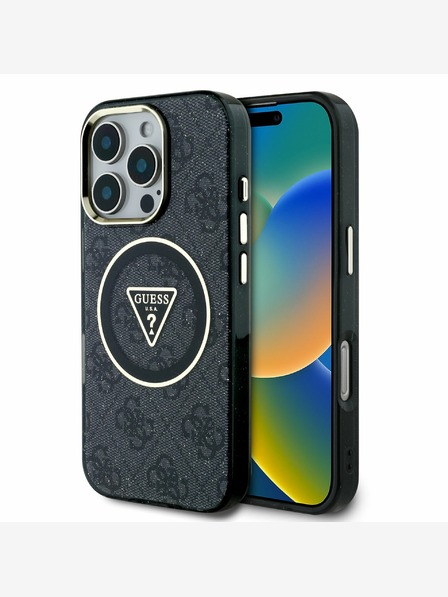 Guess Guess IML 4G Glitter and Triangle Logo MagSafe zadný kryt pre iPhone 16 Pro Max čierny