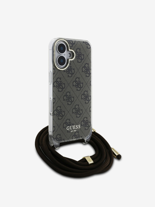 Guess Guess IML 4G Zadný kryt s potlačou Crossbody Strap pre iPhone 16 hnedý