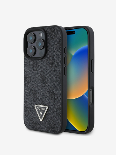 Guess Guess PU 4G štrasové trojuholníkové kovové logo zadný kryt pre iPhone 16 Pro Max čierny