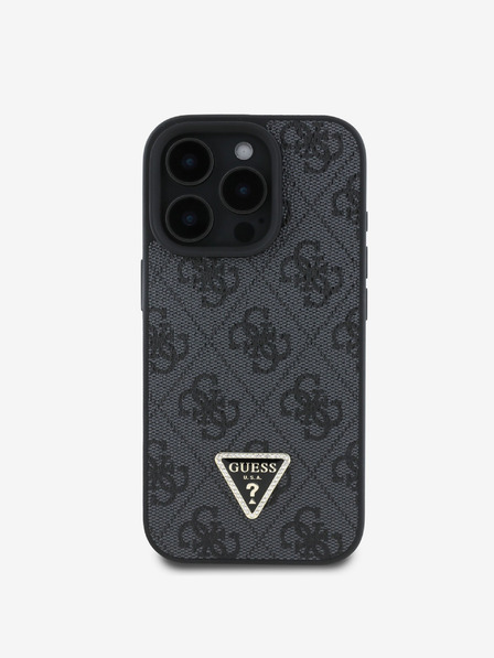 Guess Guess PU 4G štrasové trojuholníkové kovové logo zadný kryt pre iPhone 16 Pro Max čierny
