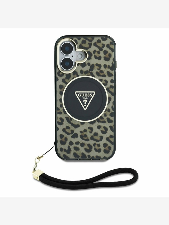 Guess Guess IML Leopard Triangle Logo Strap MagSafe zadný kryt pre iPhone 16 Brown