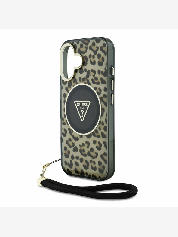 Guess Guess IML Leopard Triangle Logo Strap MagSafe zadný kryt pre iPhone 16 Brown