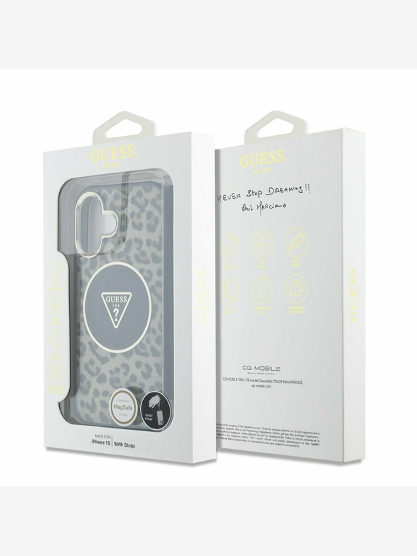 Guess Guess IML Leopard Triangle Logo Strap MagSafe zadný kryt pre iPhone 16 Brown