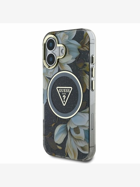 Guess Guess IML Glitter Magnolia and Triangle Logo MagSafe zadný kryt pre iPhone 16 čierny