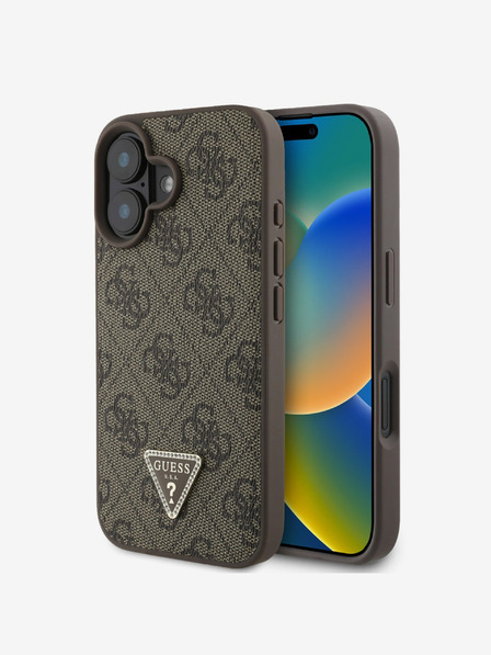 Guess Guess PU 4G štrasové kovové logo zadný kryt pre iPhone 16 hnedý