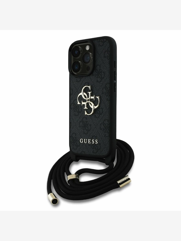Guess Guess PU PU PU kovové logo Crossbody Strap zadný kryt pre iPhone 15 Pro čierny