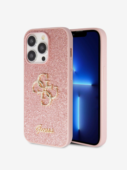 Guess Guess PU pevný zadný kryt 4G s kovovým logom a trblietkami pre iPhone 15 Pro ružový