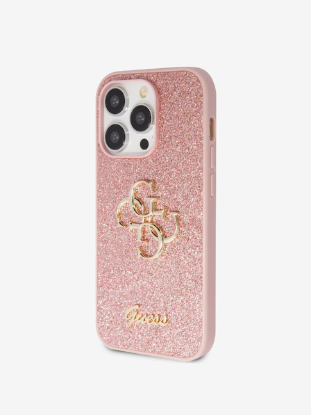 Guess Guess PU pevný zadný kryt 4G s kovovým logom a trblietkami pre iPhone 15 Pro ružový