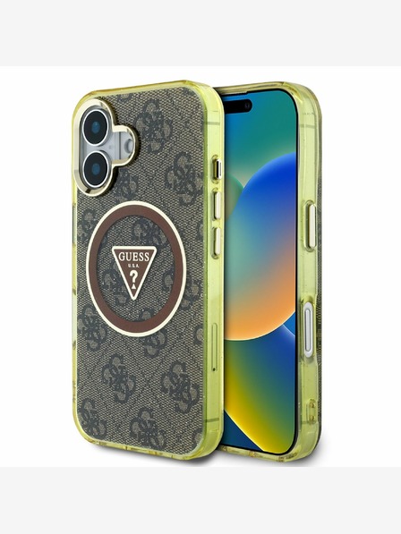 Guess Guess IML 4G Glitter and Triangle Logo MagSafe zadný kryt pre iPhone 16 hnedý