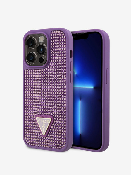 Guess Guess Kovový kryt s logom trojuholníka s kamienkami pre iPhone 15 Pro fialový