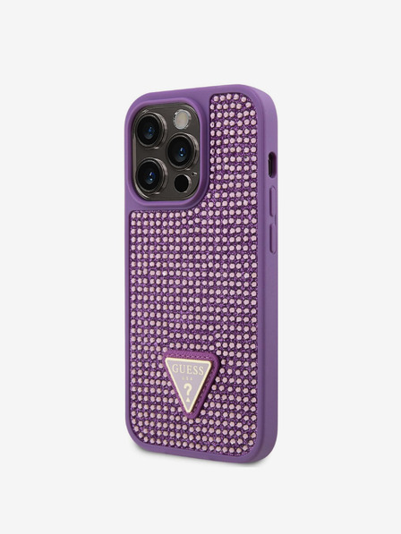 Guess Guess Kovový kryt s logom trojuholníka s kamienkami pre iPhone 15 Pro fialový
