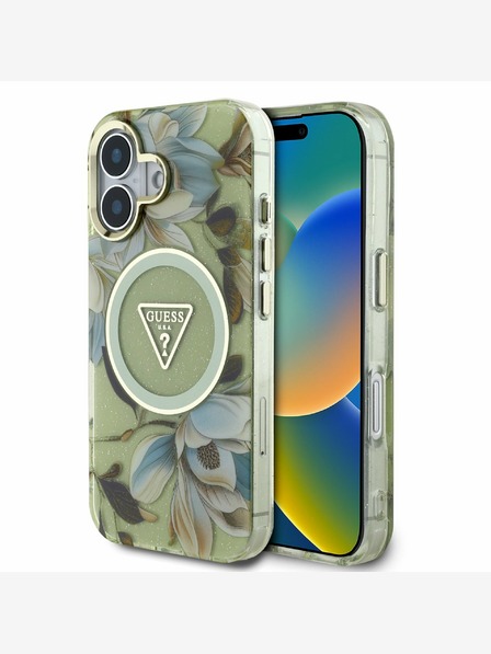 Guess Guess IML Glitter Magnolia and Triangle Logo Zadný kryt MagSafe pre iPhone 16 Green