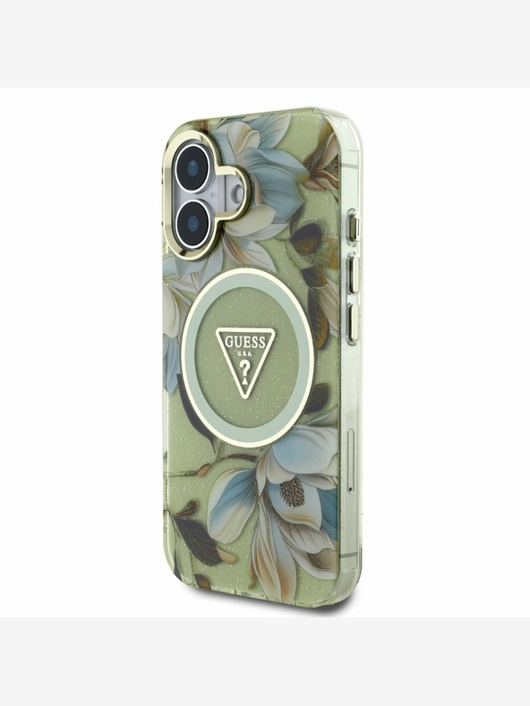 Guess Guess IML Glitter Magnolia and Triangle Logo Zadný kryt MagSafe pre iPhone 16 Green