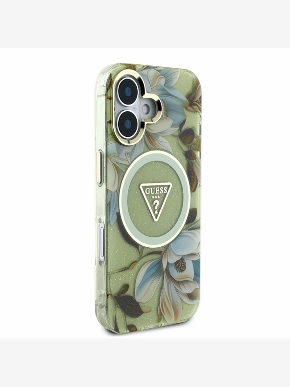 Guess Guess IML Glitter Magnolia and Triangle Logo Zadný kryt MagSafe pre iPhone 16 Green