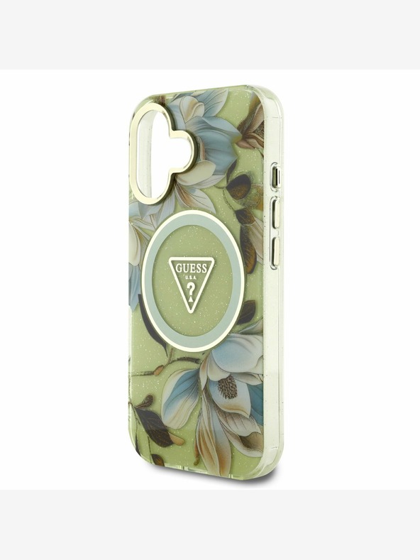 Guess Guess IML Glitter Magnolia and Triangle Logo Zadný kryt MagSafe pre iPhone 16 Green
