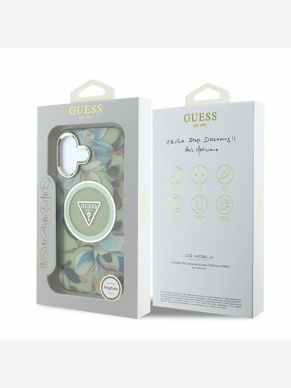 Guess Guess IML Glitter Magnolia and Triangle Logo Zadný kryt MagSafe pre iPhone 16 Green