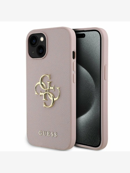 Guess Guess PU zrnitý 4G kovový zadný kryt s logom pre iPhone 15 ružový