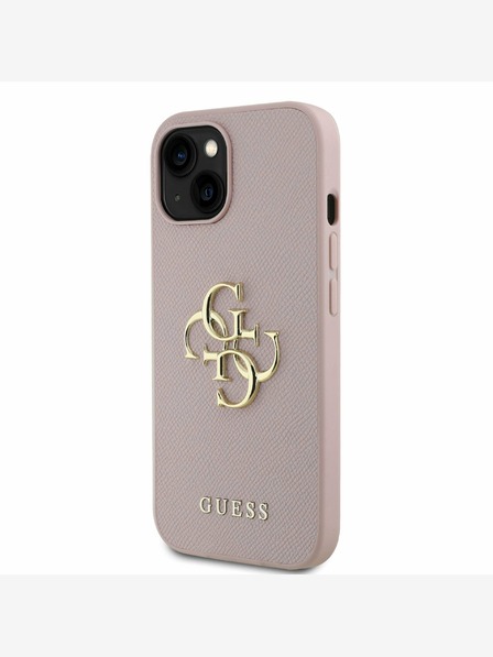 Guess Guess PU zrnitý 4G kovový zadný kryt s logom pre iPhone 15 ružový
