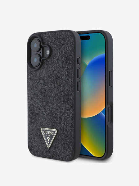 Guess Guess PU 4G štrasový zadný kryt s kovovým logom pre iPhone 16 čierny