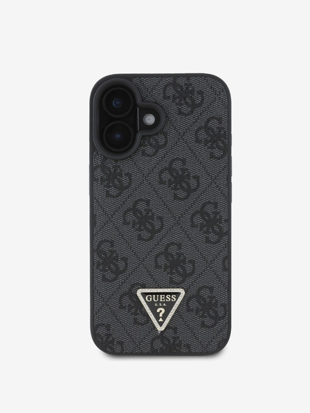 Guess Guess PU 4G štrasový zadný kryt s kovovým logom pre iPhone 16 čierny