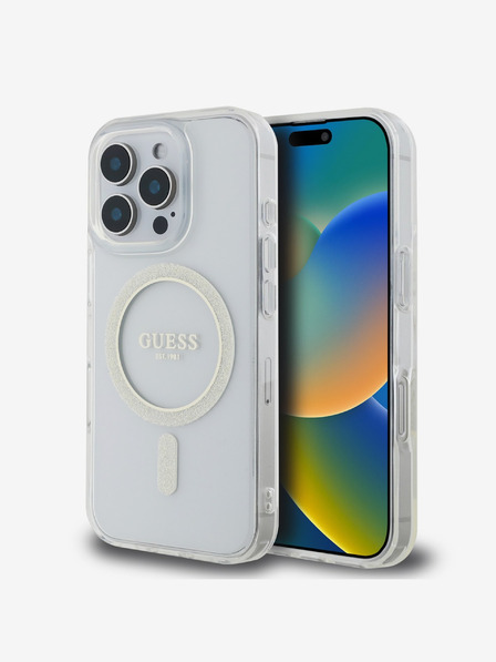 Guess Guess IML Glitter Ring MagSafe zadný kryt pre iPhone 16 Pro Transparentný