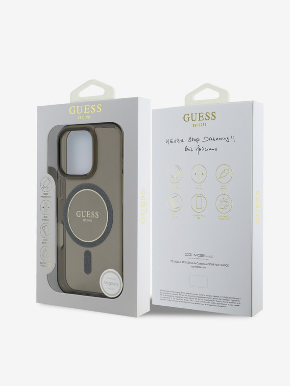 Guess Guess IML Glitter Ring MagSafe zadný kryt pre iPhone 16 Pro Max čierny
