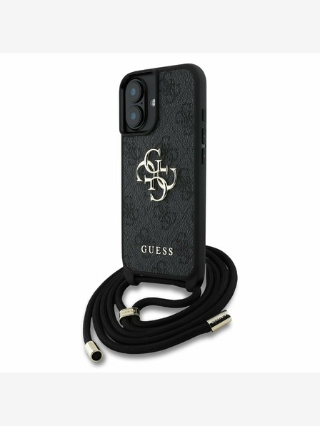 Guess Guess PU 4G Kovové logo Crossbody Strap Zadný kryt pre iPhone 16 Black