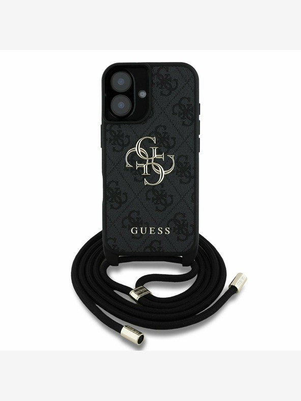 Guess Guess PU 4G Kovové logo Crossbody Strap Zadný kryt pre iPhone 16 Black
