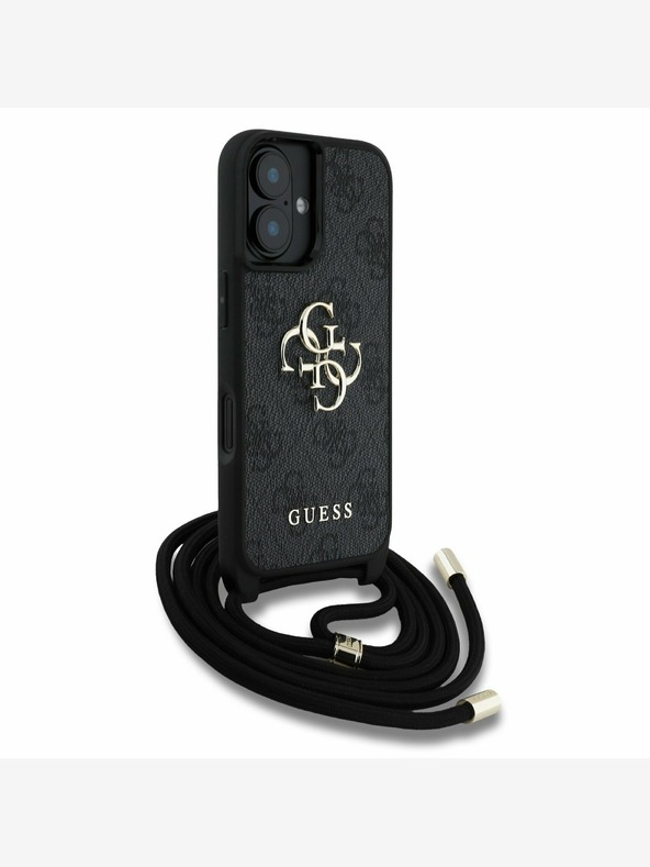 Guess Guess PU 4G Kovové logo Crossbody Strap Zadný kryt pre iPhone 16 Black