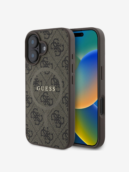 Guess Guess PU kožený 4G farebný prsteň MagSafe zadný kryt pre iPhone 16 Plus hnedý