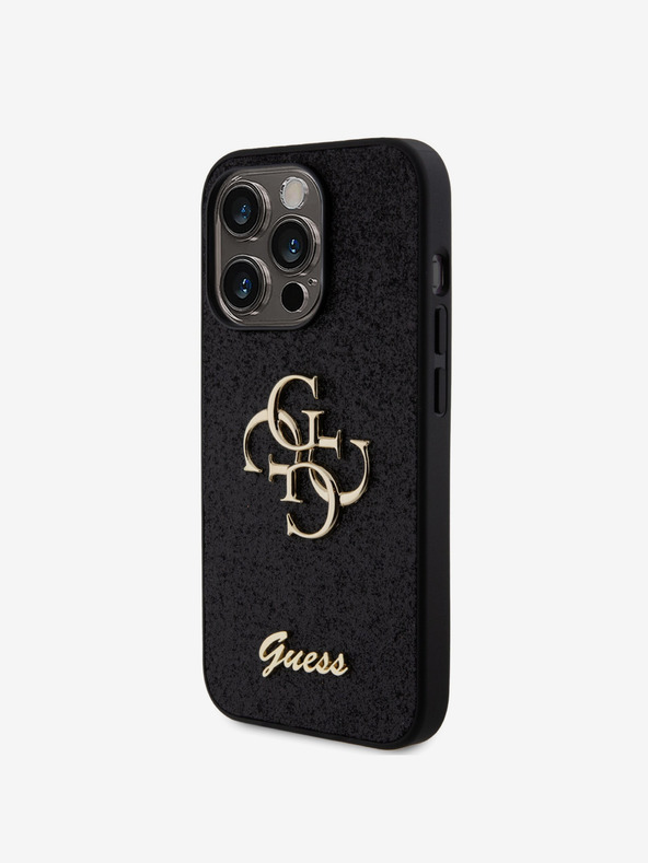 Guess Guess PU Pevný zadný kryt 4G s kovovým logom Glitter pre iPhone 15 Pro čierny