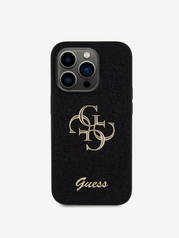 Guess Guess PU Pevný zadný kryt 4G s kovovým logom Glitter pre iPhone 15 Pro čierny