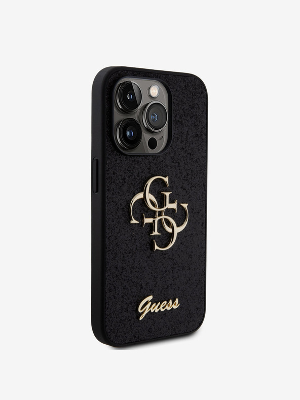 Guess Guess PU Pevný zadný kryt 4G s kovovým logom Glitter pre iPhone 15 Pro čierny