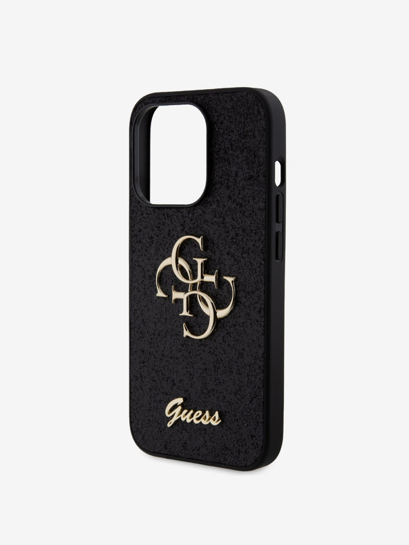 Guess Guess PU Pevný zadný kryt 4G s kovovým logom Glitter pre iPhone 15 Pro čierny