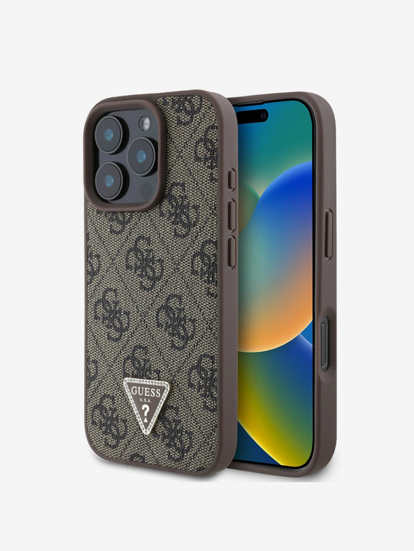 Guess Guess PU 4G Štrasové trojuholníkové kovové logo Zadný kryt pre iPhone 16 Pro Max hnedý