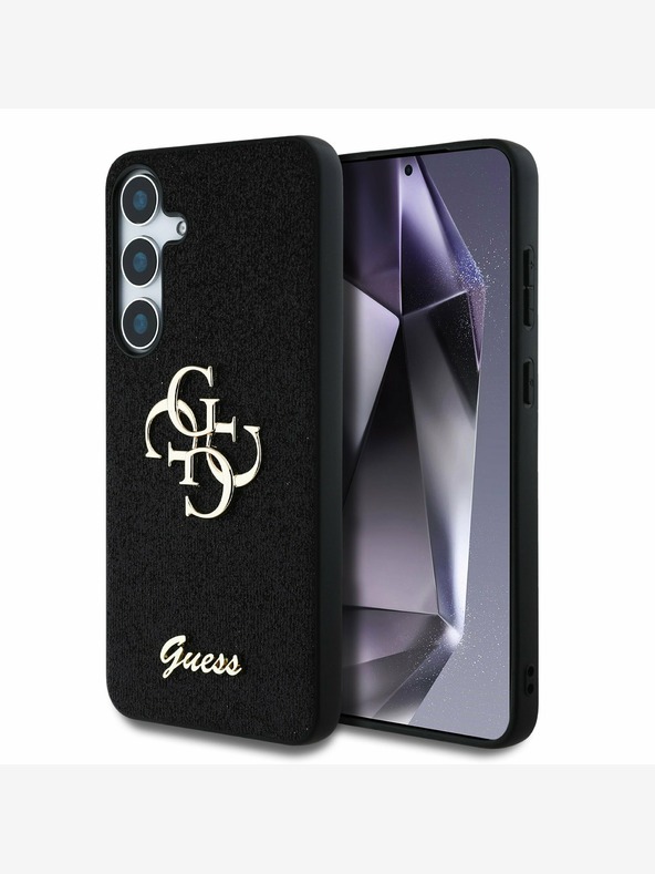 Guess Guess PU pevný zadný kryt s kovovým logom 4G s trblietkami pre Samsung Galaxy S25 čierny