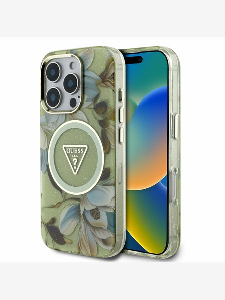 Guess Guess IML Glitter Magnolia and Triangle Logo MagSafe zadný kryt pre iPhone 16 Pro Max Green