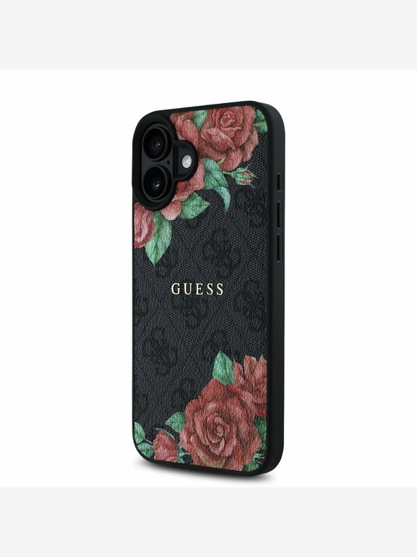 Guess Guess PU kožený zadný kryt 4G Roses MagSafe pre iPhone 16 čierny