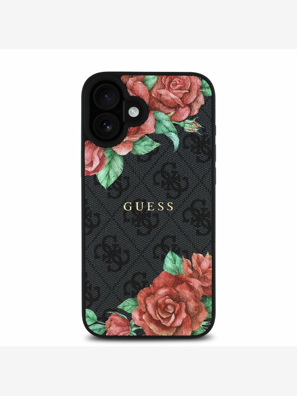 Guess Guess PU kožený zadný kryt 4G Roses MagSafe pre iPhone 16 čierny
