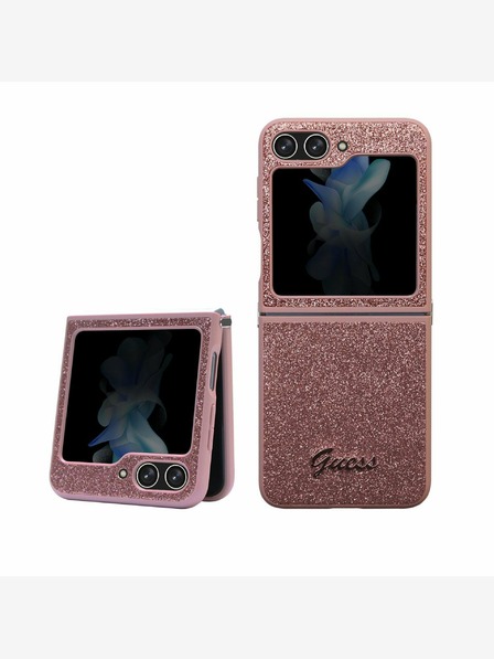 Guess PC/TPU Glitter Flakes Metal Logo Zadní Kryt pro Samsung Galaxy Z Flip 5 Pink Obal na telefón