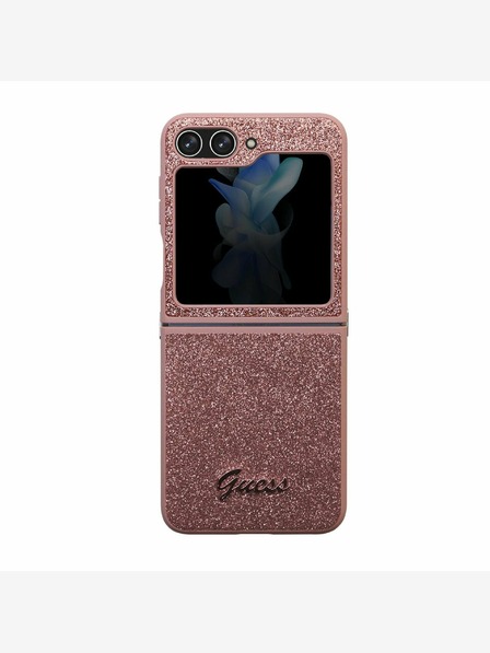 Guess PC/TPU Glitter Flakes Metal Logo Zadní Kryt pro Samsung Galaxy Z Flip 5 Pink Obal na telefón