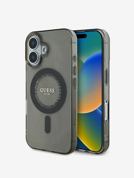 Guess Guess IML Ring Rhinestones MagSafe zadný kryt pre iPhone 16 čierny