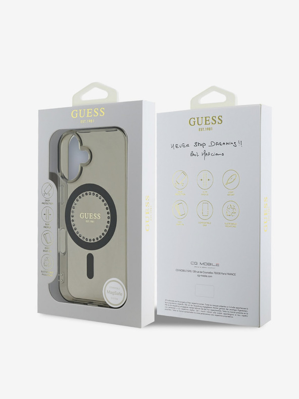 Guess Guess IML Ring Rhinestones MagSafe zadný kryt pre iPhone 16 čierny