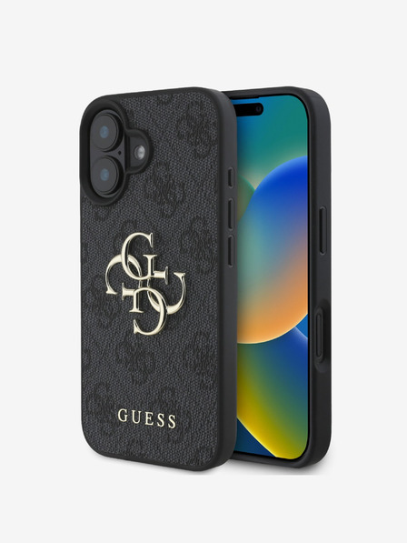 Guess Guess PU 4G zadný kryt s kovovým logom pre iPhone 16 Plus sivý