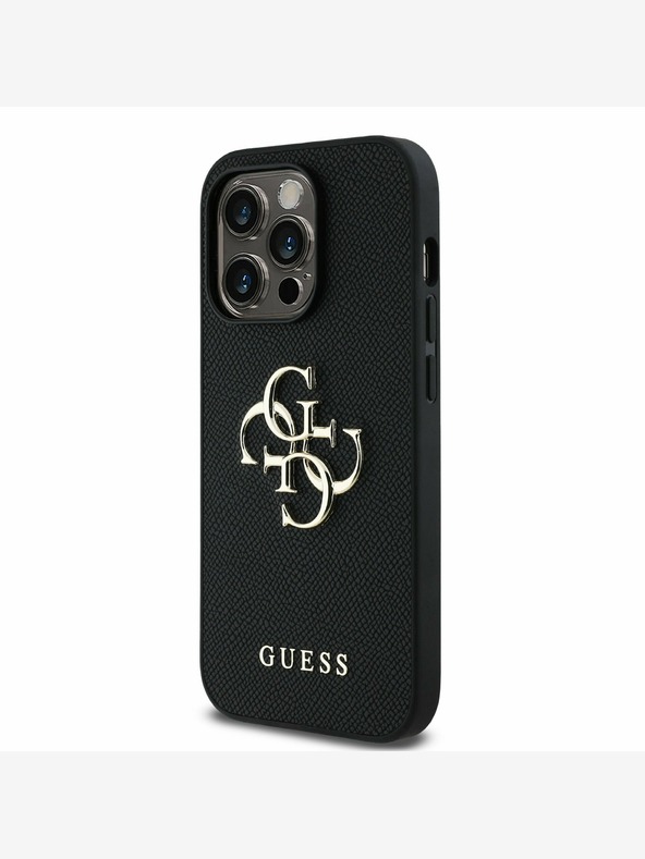 Guess Guess PU zrnitý 4G kovový zadný kryt s logom pre iPhone 13 Pro čierny